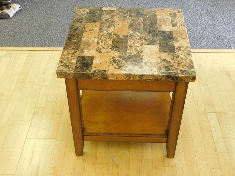 lot 9208 image: 25 T, 24 x 24 W. 2 Tier Granite Impression Hardwood End  Parlor Table.