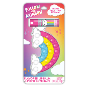 lot 2443 image: Tate Beauty- Follow the Rainbow Lip Balm and Pop-It Keychain Set. Rainbow Shaped Pop It Plus Flavored Lip Balm.
