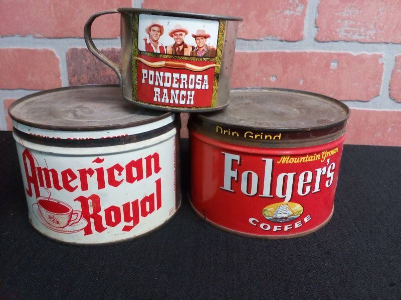 lot 91 image: Vintage Coffee Cans & Cup - American Royal Coffee, Folgers Coffee & Ponderosa Ranch