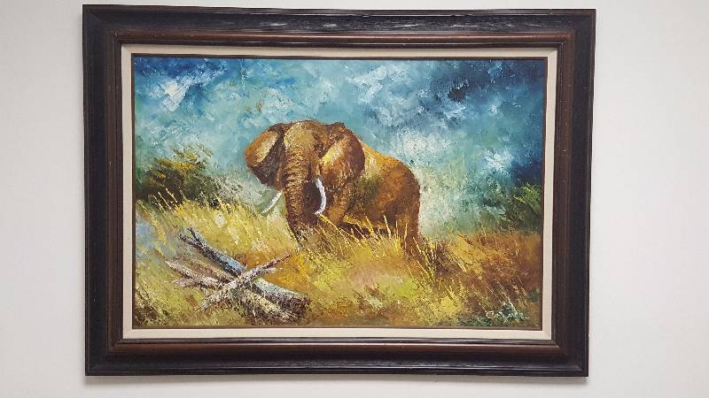 lot 1001 image: Alvin Cooper Elephant Original Painting Acrylic on Canvas Signed 44 x 33