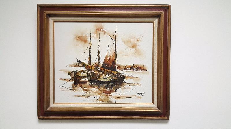 lot 1003 image: Adriano Marchello Mid-Century Modern Original Oil Vignette Painting Sailboats Signed 31.5 x 28