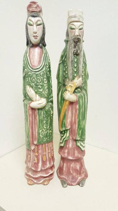 lot 1007 image: Pair of Large Ceramic Vintage Statues Asian Man & Woman 21 Hand Painted 1975
