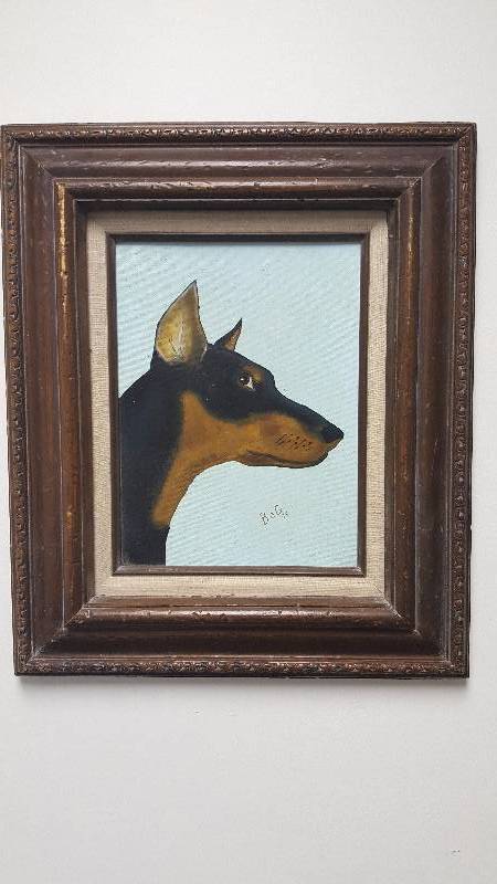 lot 1018 image: Vintage Beloved Pet Original Oil Painting Doberman Dog Retro Tacky Framed 1979
