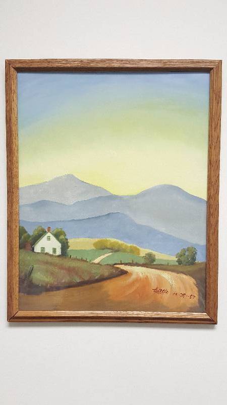 lot 1022 image: Bettie Rikansrud - Landscape Original Oil on Board Early Example 1987