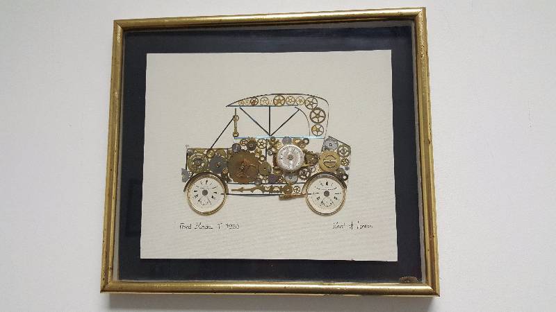 lot 1024 image: Ford Model-T Car Collage Made From Watch Parts Vintage 1970 Kersh 15.5 x 13.5 Signed w COA