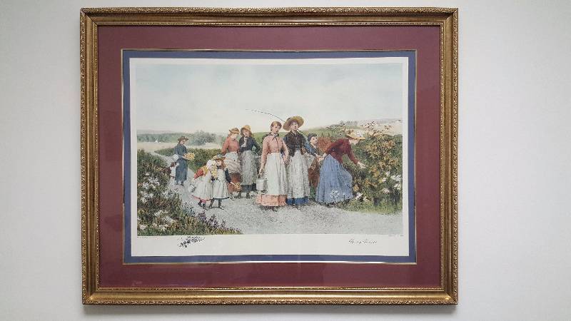 lot 1029 image: Jennie Brownscombe Berry Pickers Etched Lithograph 42.5 x 33.5 Matted Framed Large