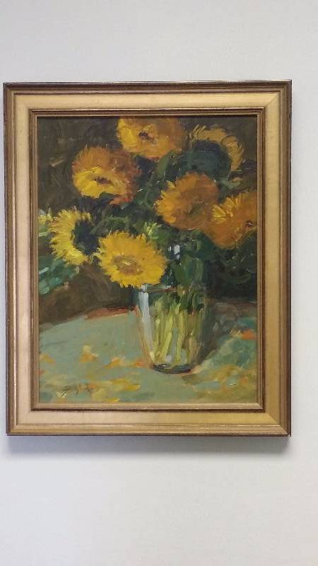 lot 1031 image: Vincent Van Gogh Style Original Oil Painting Sunflowers in Vase Still Life 21 x 17