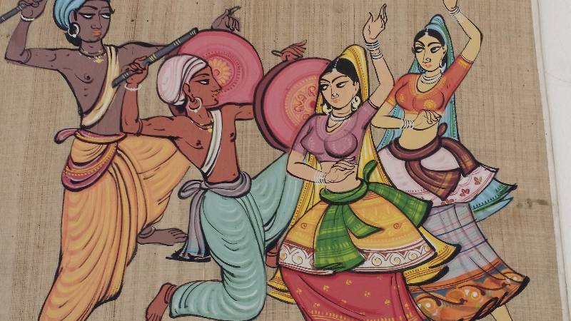 lot 1038 image: Vintage Thai Siam Painting on Silk Temple Dancers, Signed Mukti, 1950s