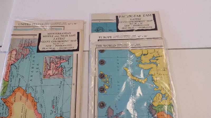 lot 1042 image: 1960s Giant Colorprint American Map Company 50 x 38 World United States Europe Pacific Mediterranean Lot of 5