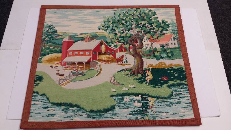 lot 1060 image: Vintage 1950s Barkcloth Fabric Landscape Art 24.5 x 21.5 Farmhouse
