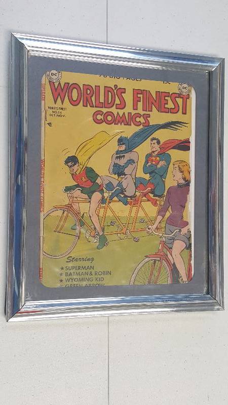 lot 1065 image: Worlds Finest #54 Comic Book Cover 1951 Superman Batman & Robin Framed