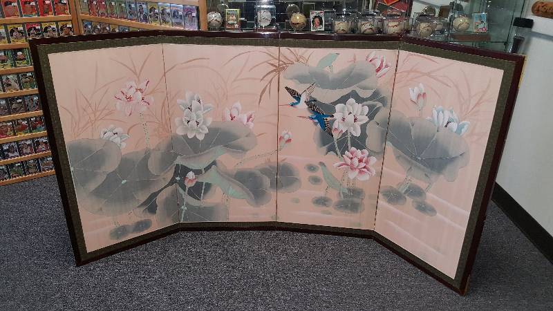lot 1005 image: Vintage Asian 4-Panel Folding Byobu Screen Original Painting 35 x 68