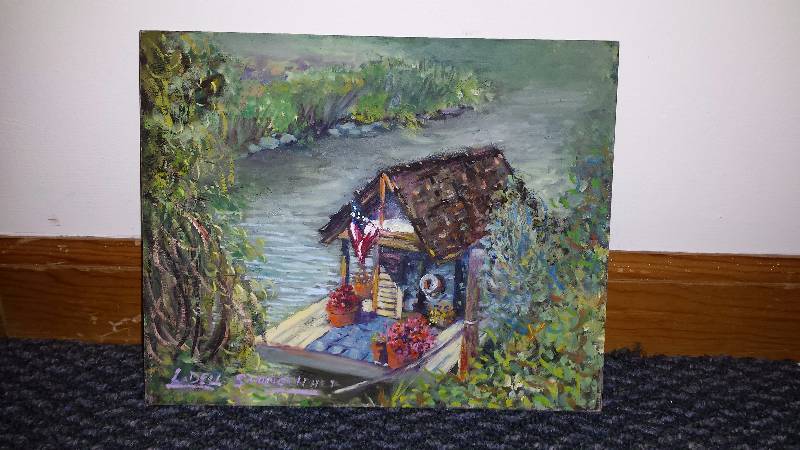 lot 1013 image: LaDell Stonecipher Routh - House Barge on River U.S. Flag Original Painting Acrylic on Board