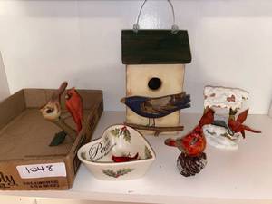 lot 1048 image: Red cardinal birds figurines & bird house & dish