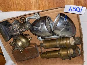 lot 1054 image: Vintage machine parts, head lamp, bell, metal pot, Dickens metal bust