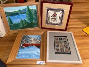 lot 1057 image: Framed art- painted tile, watercolor landscape, pottery