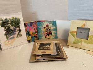 lot 1086 image: Signed Mark Ward print, Vintage gift box, small canvases, picture frame and assorted vintage pictures