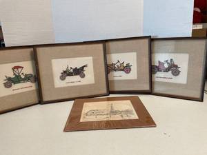 lot 1090 image: Four embroidered car wall hangings, and Stephen Perry print