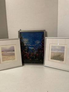 lot 1109 image: Painted glass 13 12 x 10 12, and two Andy Mandalf signed beach prints