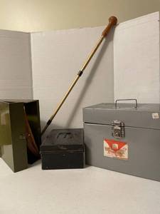 lot 1128 image: Metal file Boxes and walking cane
