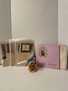 lot 1130 image: Angel of the month patterns, vintage handkerchiefs, Bluejay figurine