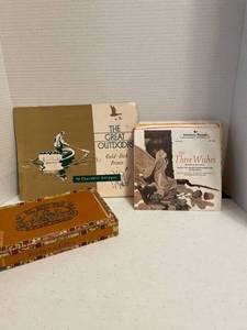 lot 1162 image: Churchhill Eddinger Gold Etch Print, Childrens records and vintage cigar box with seeds