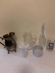 lot 1206 image: Silver plate pitcher, glass pitcher, travel mug and more
