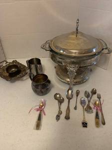 lot 1341 image: Silver plate chafing dish, creamers , souvenir spoons and more