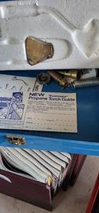 lot 3106 image: Toolbox with soldering gun and equipment , metal box with torch parts but no torch