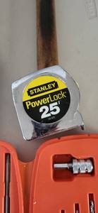 lot 3135 image: Drill bits, planer, hammers,3 piece wood chisel set, screw drivers, 25 tape measure, level