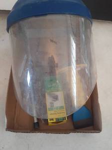 lot 3430 image: Miscellaneous garage items. Face shield has broken strap