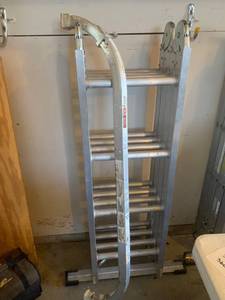 lot 3605 image: Werner ladder with ladder stabilizer bar. 16ft tall. Highest standing level Straight ladder 12ft 4in. Step ladder. 5ft 6in. Scaffolding 4ft 4 in (like new)