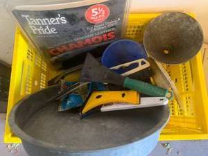 lot 3608 image: Miscellaneous car items. Oil pan scrappers funnels chamois oil filter wrench and more