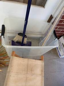 lot 4063 image: Wooden flag pole, broom and dust pan and folding seat in bin
