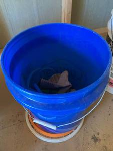 lot 5023 image: 5 gallon bucket with bungees, work gloves, and kneepads