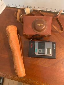 lot 1510 image: Vintage camera with Sony tape recorder and a tripod