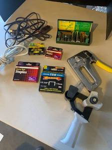 lot 3524 image: Miscellaneous garage items. Extension cords stapler staples socket set and packing tape holder