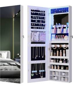 lot 2056 image: HNEBC 47.2H Jewelry Organizer Wall Mounted with 3 Colors LED, Jewelry Cabinet Armoire with Door Mirror, Door Hanging Full Length Mirror with Storage, Built-in Vanity Mirror&Large Capacity (White) - Retail $150