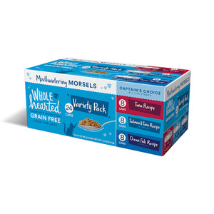 lot 2064 image: WholeHearted All Life Stages Grain-Free Captains Choice Morsels in Gravy Wet Cat Food Variety Pack, 2.8 oz., Count of 24, 2 packs of Stella & Chewys Carnivore Cravings and 6 cans of WholeHearted variety pack