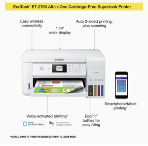 lot 2078 image: Epson EcoTank ET-2760 Wireless Color All-in-One Cartridge-Free Supertank Printer with Scanner and Copier, Retail $347