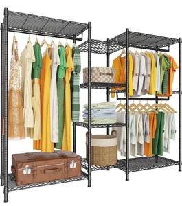 lot 2084 image: LEHOM G7 Heavy Duty Clothes Rack for Hanging Clothes, Portable Garment Rack Compact Size Closet Organizer, Freestanding Metal Clothing Rack Wardrobe Closet with Storage Shelves for Bedroom(Medium) - Retail $110