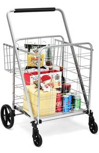 lot 2111 image: Safeplus Folding Shopping Cart, Heavy Duty Utility Cart with Rolling Swivel Wheels and Double Basket, Grocery cart for Grocery, Laundry,Book,Luggage, Travel Heavy Duty 25in x 25in x 40in, Sliver Retail $84.99