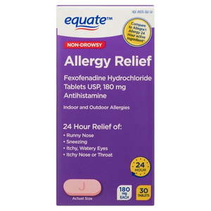 lot 180129 image: Equate Fexofenadine Hydrochloride USP Non-Drowsy Allergy Relief Tablets 180 mg 30 Count