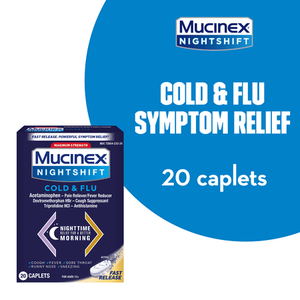 lot 180132 image: Mucinex Nightshift Cold & Flu Maximum Strength Powerful Multi-symptom Nighttime Relief 20 Fast Release Caplets - Pain Reliever Fever Reducer Cough Suppressant Antihistamine