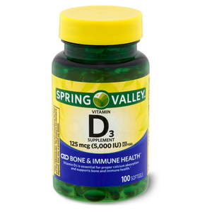lot 180134 image: Spring Valley Vitamin D3 Softgels 5000 IU 100 Count