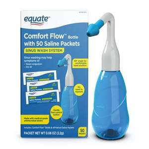 lot 180140 image: Equate Comfort Flow Bottle with 50 Saline Packets Nasal Wash System for Nasal Congestion - Blue