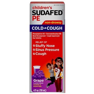 lot 180164 image: Children s Sudafed PE Cold  Cough Suppressant Cold Medicine & Nasal Decongestant Grape Flavor Liquid Cough Relief 4 fl. oz