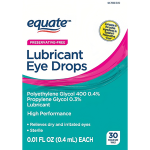 lot 180165 image: Equate Lubricant Eye Drops Preservative-Free 0.1 oz. 30 Count
