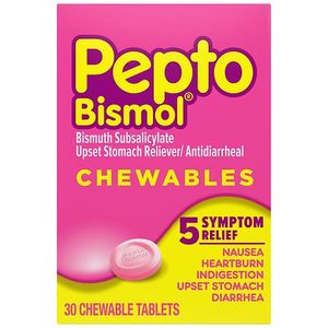 lot 180177 image: Pepto Bismol Chewable Tablets for Upset Stomach & Diarrhea Relief Over-the-Counter Medicine 30 Ct