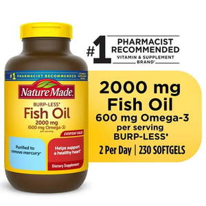 lot 180179 image: Nature Made Burp Less Fish Oil 2000 mg Per Serving Softgels Omega 3 Fish Oil Supplements 230 Count